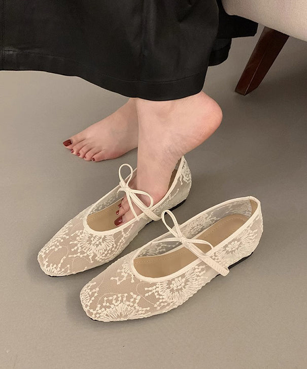 Women Splicing Embroidered Flats Breathable Mesh Bow Beige FashionChic