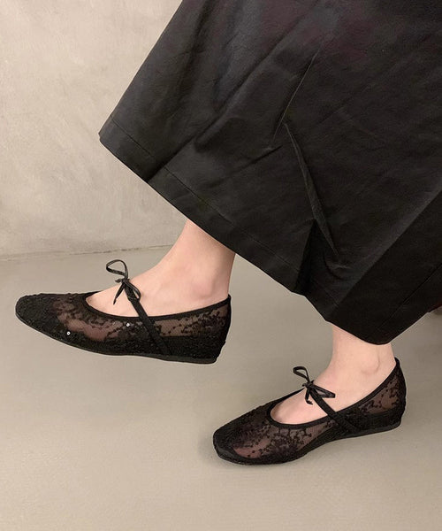 Women Splicing Embroidered Flats Breathable Mesh Bow Beige FashionChic