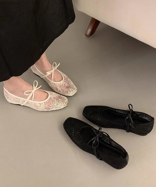 Women Splicing Embroidered Flats Breathable Mesh Bow Beige FashionChic