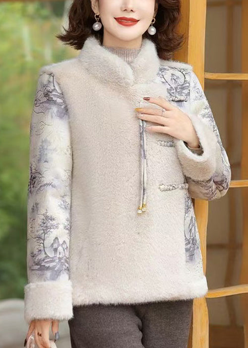 Women Beige Button Patchwork Mink Velvet Coats Winter RZ028 ABC