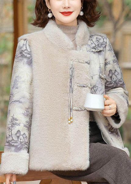 Women Beige Button Patchwork Mink Velvet Coats Winter RZ028 ABC