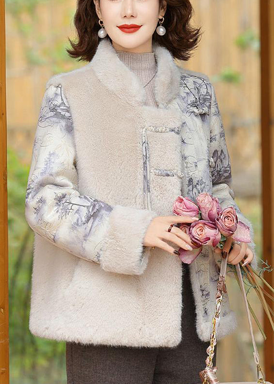 Women Beige Button Patchwork Mink Velvet Coats Winter RZ028 ABC