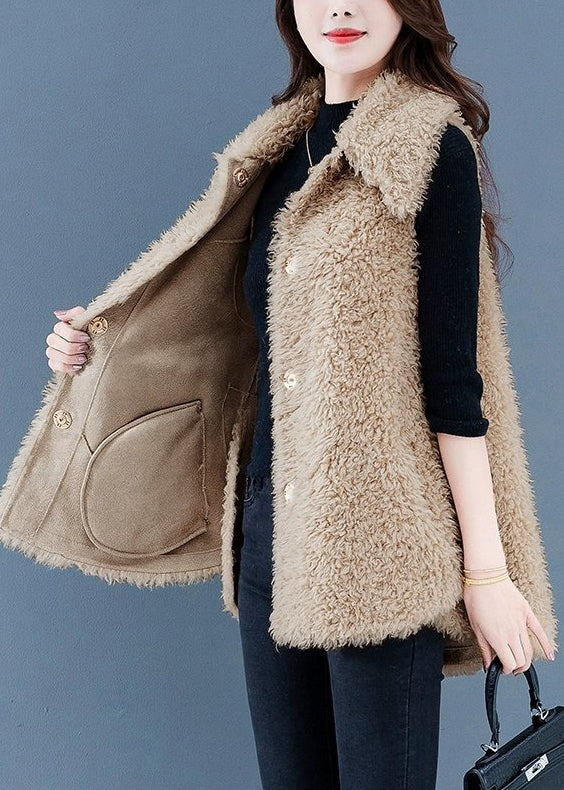 Women Beige Button Pockets Teddy Faux Fur Waistcoat Sleeveless ER032 ABC