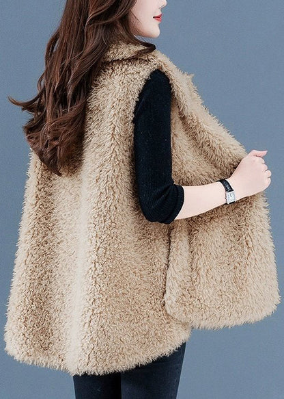 Women Beige Button Pockets Teddy Faux Fur Waistcoat Sleeveless ER032 ABC