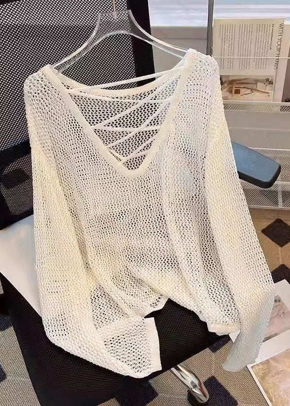 Tops Beige Solid Summer Women Knit Out Hollow FashionChic