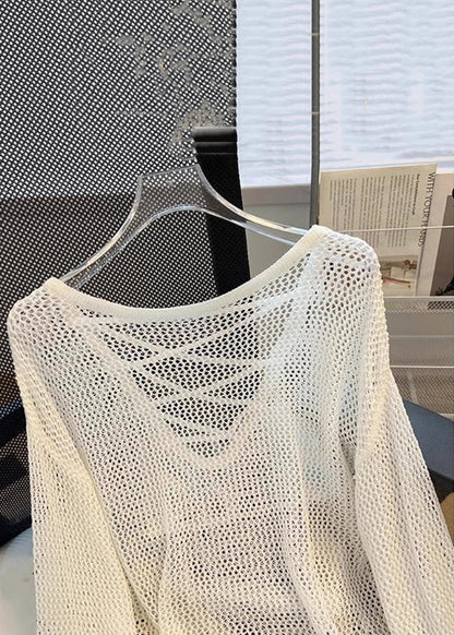 Tops Beige Solid Summer Women Knit Out Hollow FashionChic