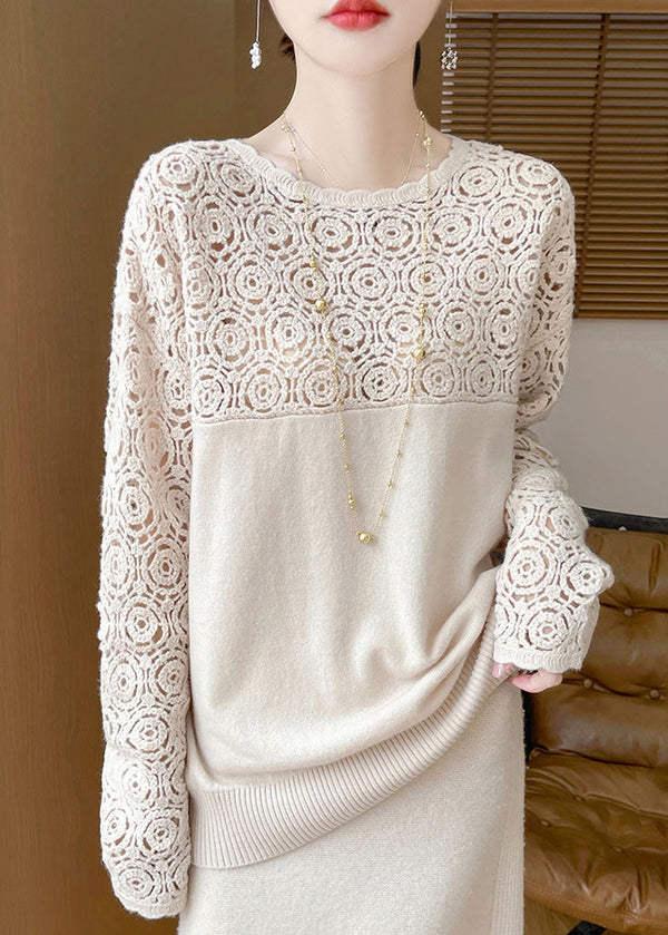 Women Beige Hollow Out Solid Wool Knit Sweater Winter WQ038 OL-NTP241031