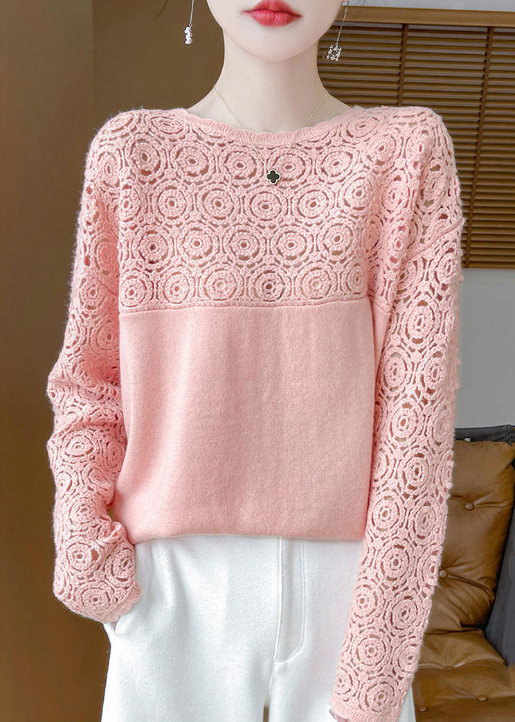 Women Beige Hollow Out Solid Wool Knit Sweater Winter WQ038 OL-NTP241031