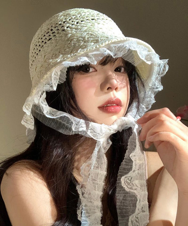 Women Beige Lace Hollow Out Straw Woven Floppy Sun Hat WB028 ABC