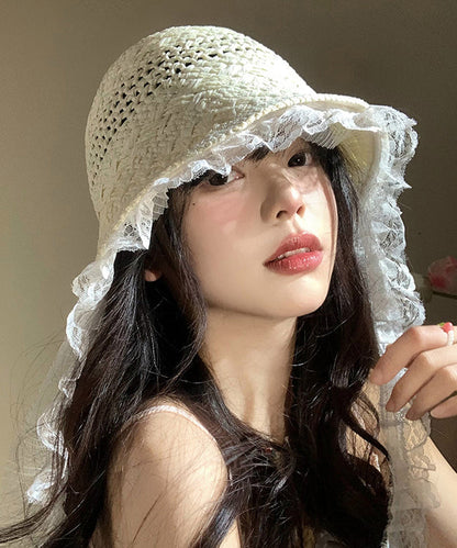 Women Beige Lace Hollow Out Straw Woven Floppy Sun Hat WB028 ABC