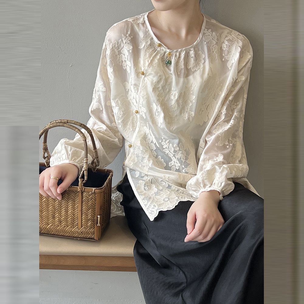 Women Beige O-Neck Print Chiffon Shirts Long Sleeve VB1086 Ada Fashion