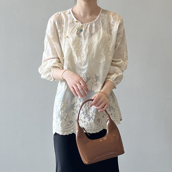 Women Beige O-Neck Print Chiffon Shirts Long Sleeve VB1086 Ada Fashion