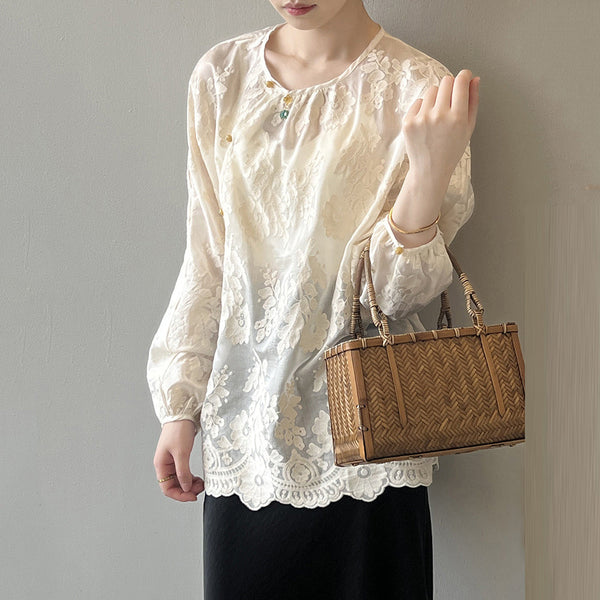 Women Beige O-Neck Print Chiffon Shirts Long Sleeve VB1086 Ada Fashion