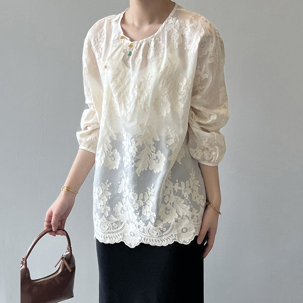 Women Beige O-Neck Print Chiffon Shirts Long Sleeve VB1086 Ada Fashion