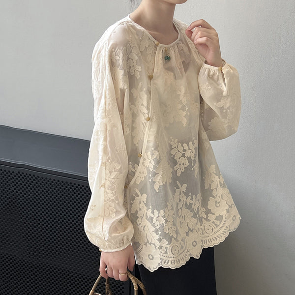 Women Beige O-Neck Print Chiffon Shirts Long Sleeve VB1086 Ada Fashion