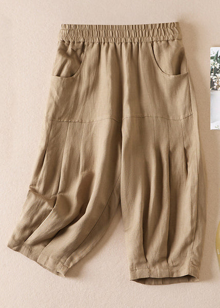 Women Beige Pockets Wrinkled Elastic Waist Cotton Shorts Summer AM1039 Genistyle Shop