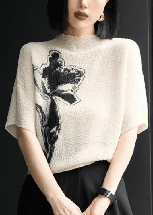 Women Batwing Shirts Beige Wrinkled Cotton T Sleeve Print FashionChic
