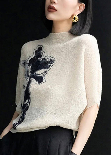Women Batwing Shirts Beige Wrinkled Cotton T Sleeve Print FashionChic
