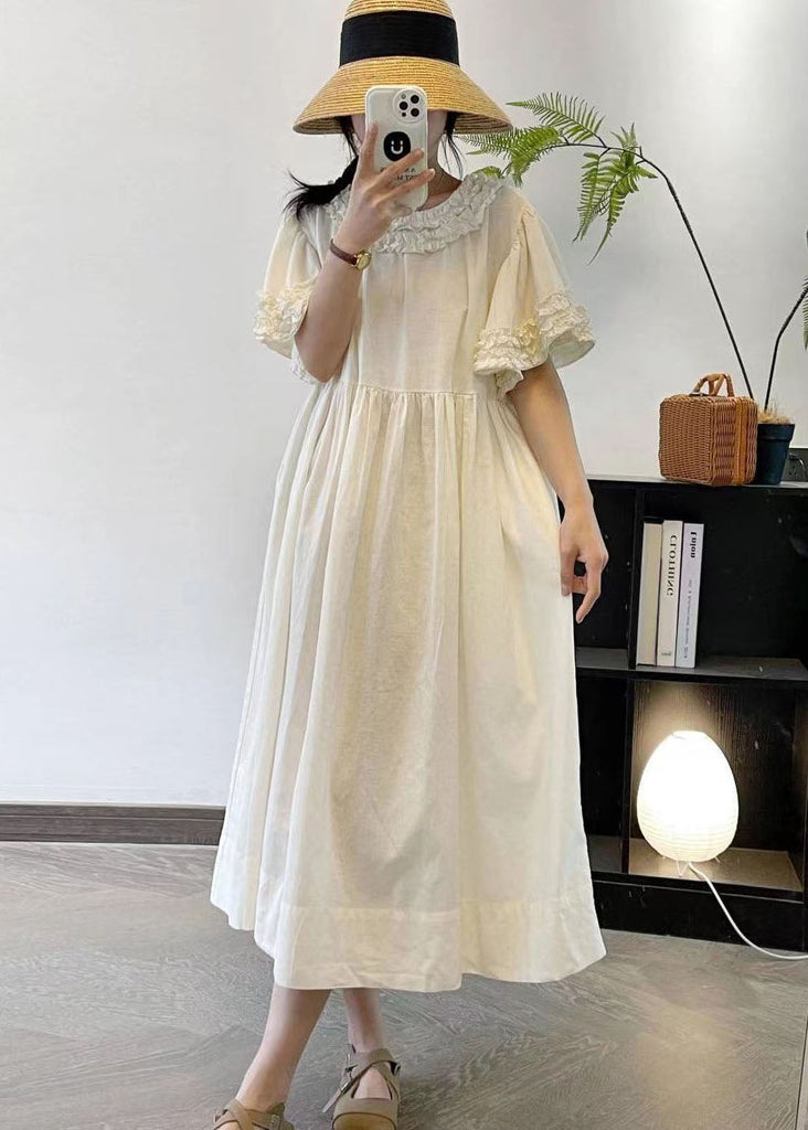 Women Beige Ruffled Patchwork Cotton Long Dresses Summer FF008 MZF-SDL240607