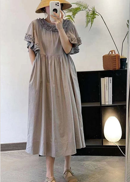 Women Beige Ruffled Patchwork Cotton Long Dresses Summer FF008 MZF-SDL240607