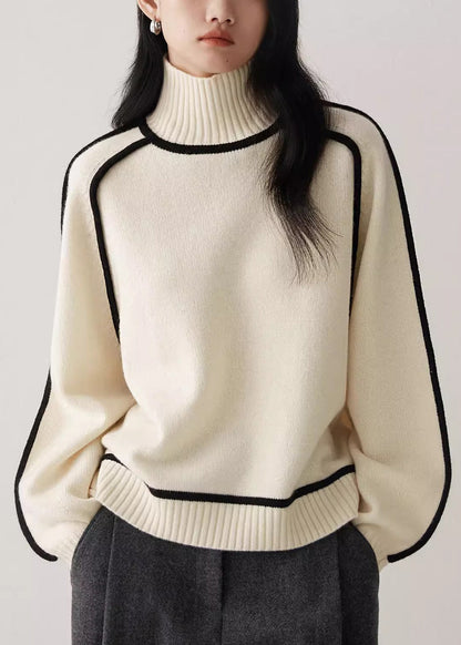 Women Beige Turtleneck Cozy Patchwork Knit Sweater Spring YW048 ABC