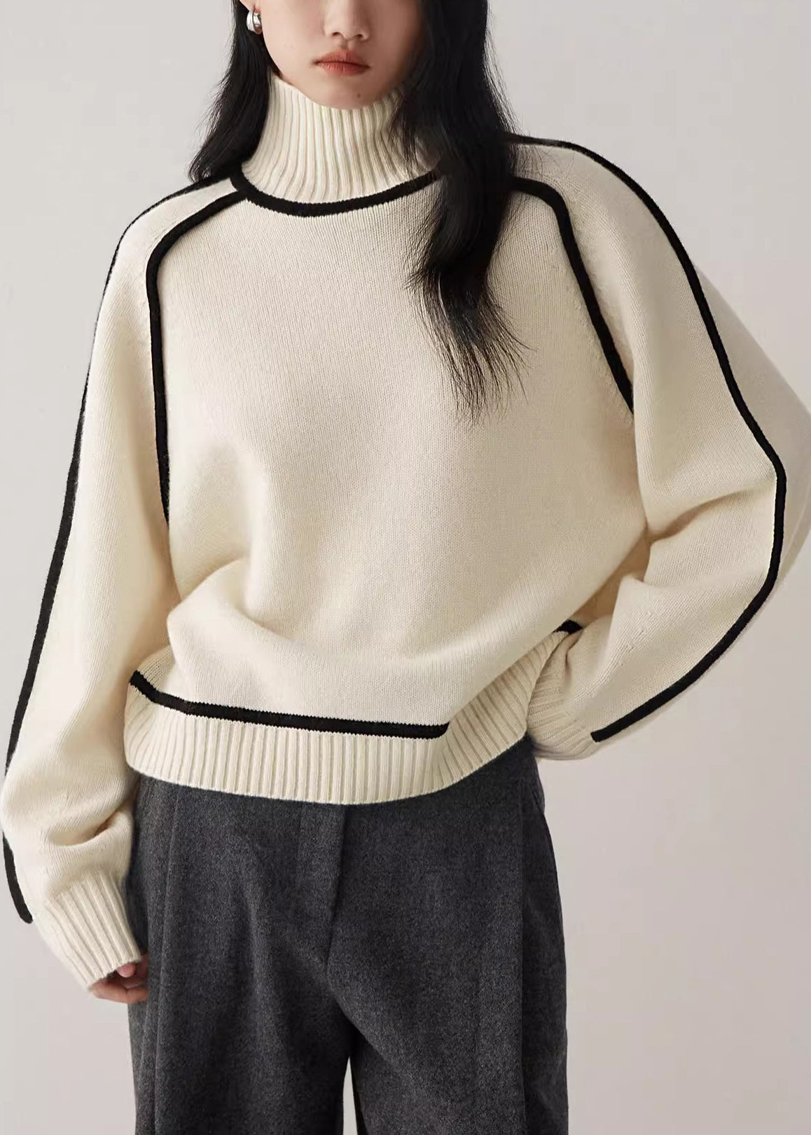 Women Beige Turtleneck Cozy Patchwork Knit Sweater Spring YW048 ABC