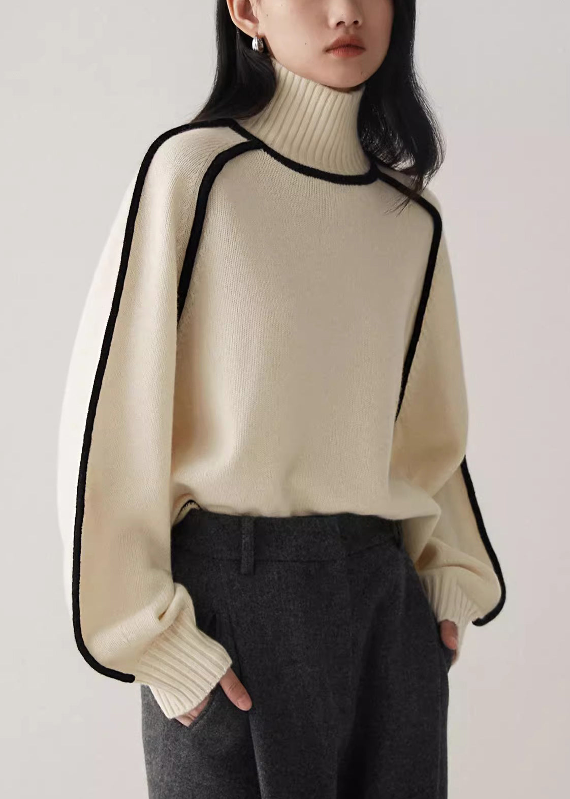 Women Beige Turtleneck Cozy Patchwork Knit Sweater Spring YW048 ABC