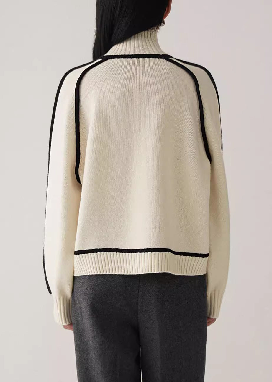 Women Beige Turtleneck Cozy Patchwork Knit Sweater Spring YW048 ABC