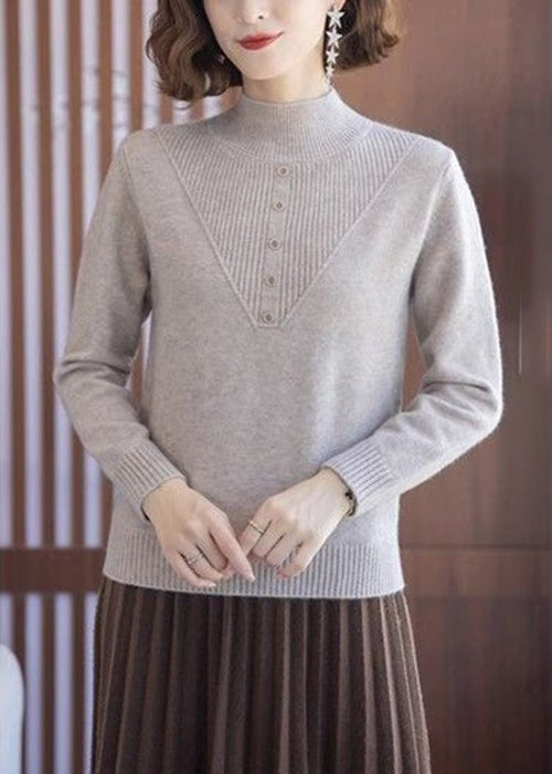 Women Beige Turtleneck Solid Wool Knit Tops Long Sleeve TB005