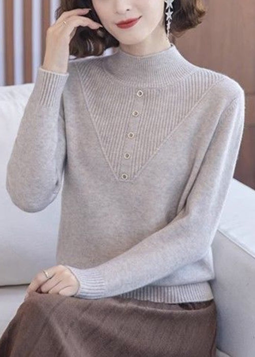 Women Beige Turtleneck Solid Wool Knit Tops Long Sleeve TB005