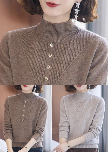 Women Beige Turtleneck Solid Wool Knit Tops Long Sleeve TB005