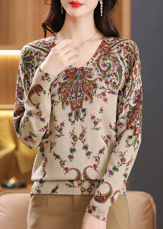 Women Beige V Neck Zircon Print Woolen Sweater Tops Spring TQ001 ABC