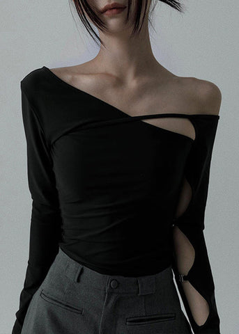 Women Black Asymmetrical Hollow Out Cotton Dance T Shirt Spring YZ040 ABC