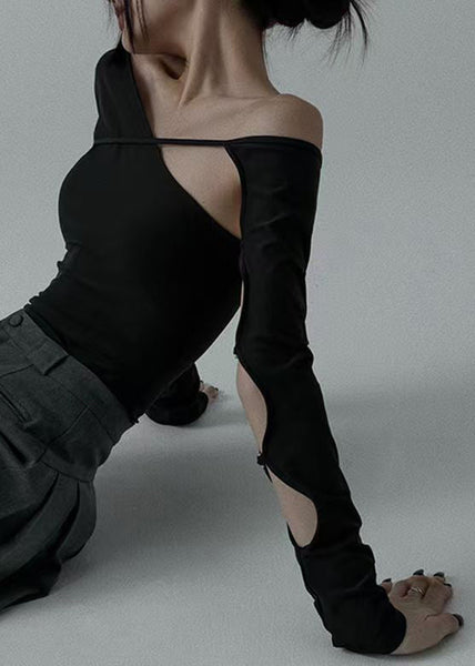 Women Black Asymmetrical Hollow Out Cotton Dance T Shirt Spring YZ040 ABC