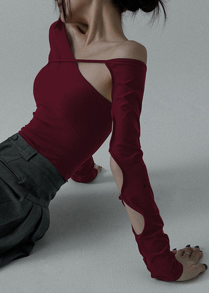 Women Black Asymmetrical Hollow Out Cotton Dance T Shirt Spring YZ040 ABC