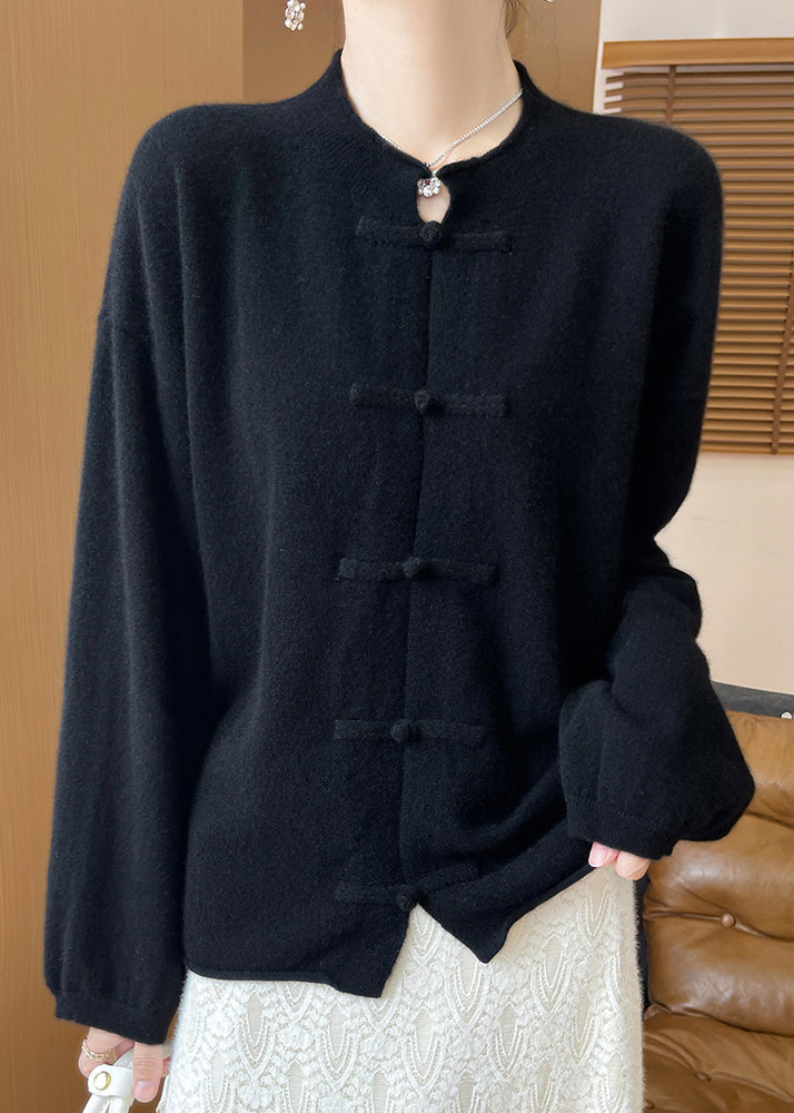 Women Black Button Solid Woolen Knit Coats Fall AB1041 Genistyle Shop