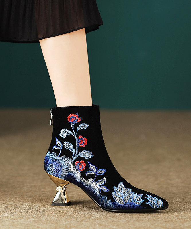 Women Black Embroidered Zippered Suede High Heels RT1072 Ada Fashion