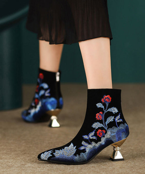 Women Black Embroidered Zippered Suede High Heels RT1072 Ada Fashion