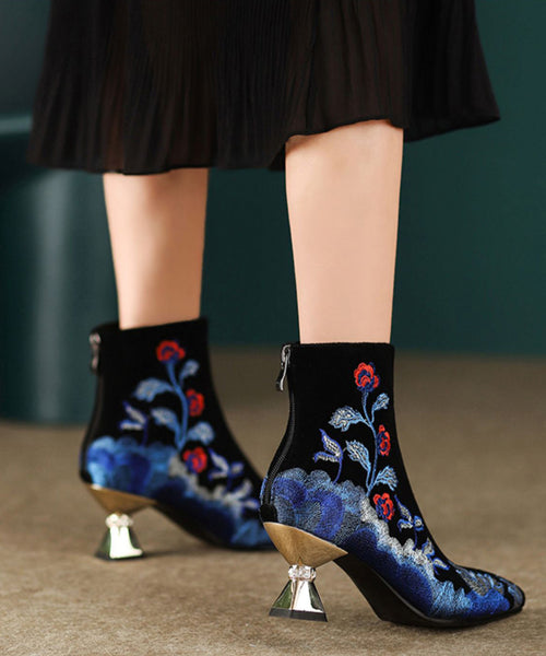 Women Black Embroidered Zippered Suede High Heels RT1072 Ada Fashion