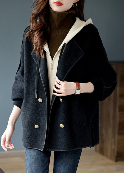 Women Black False Two Pieces Patchwork Woolen Hooded Coat Winter RS022 ABC