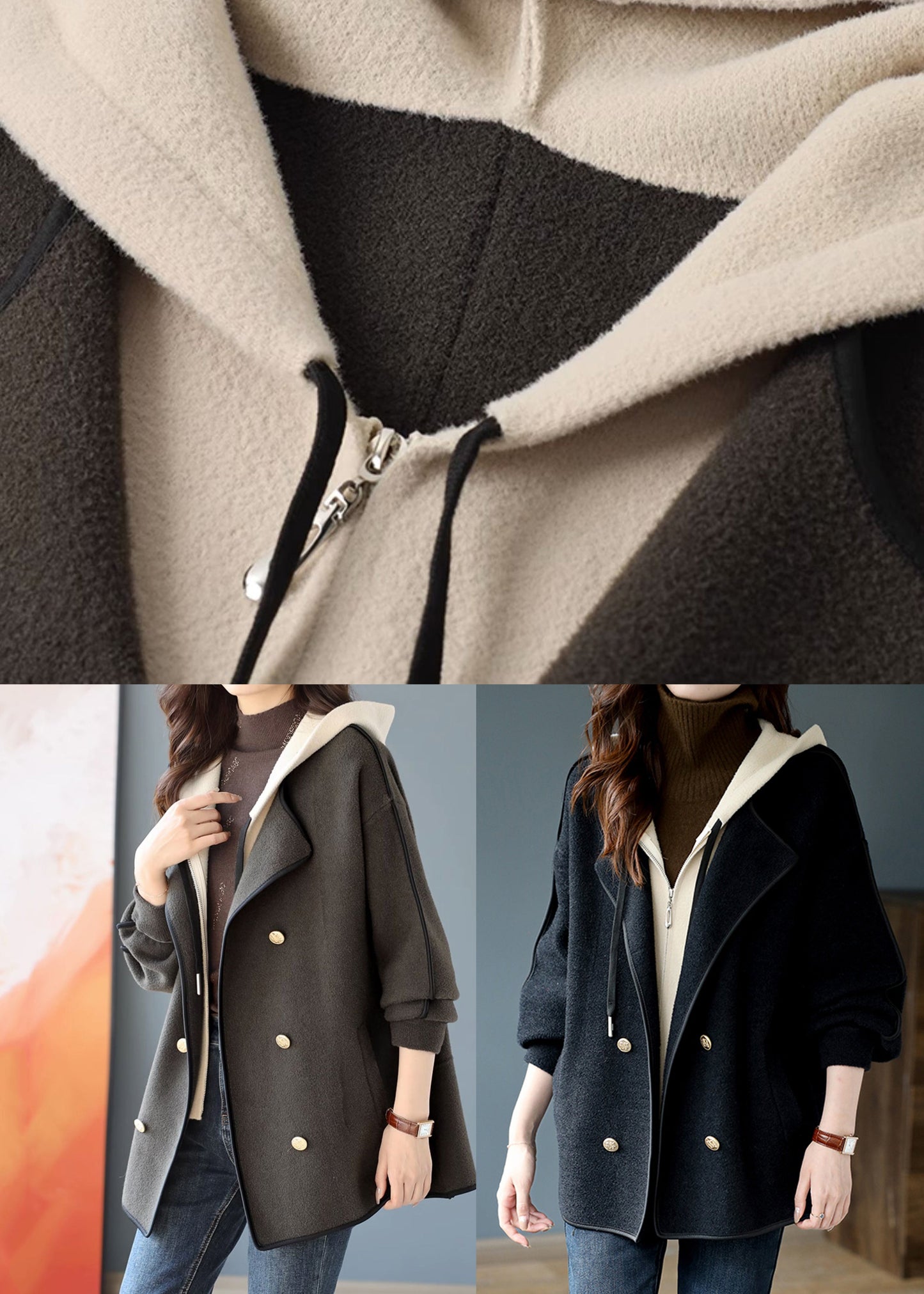 Women Black False Two Pieces Patchwork Woolen Hooded Coat Winter RS022 ABC