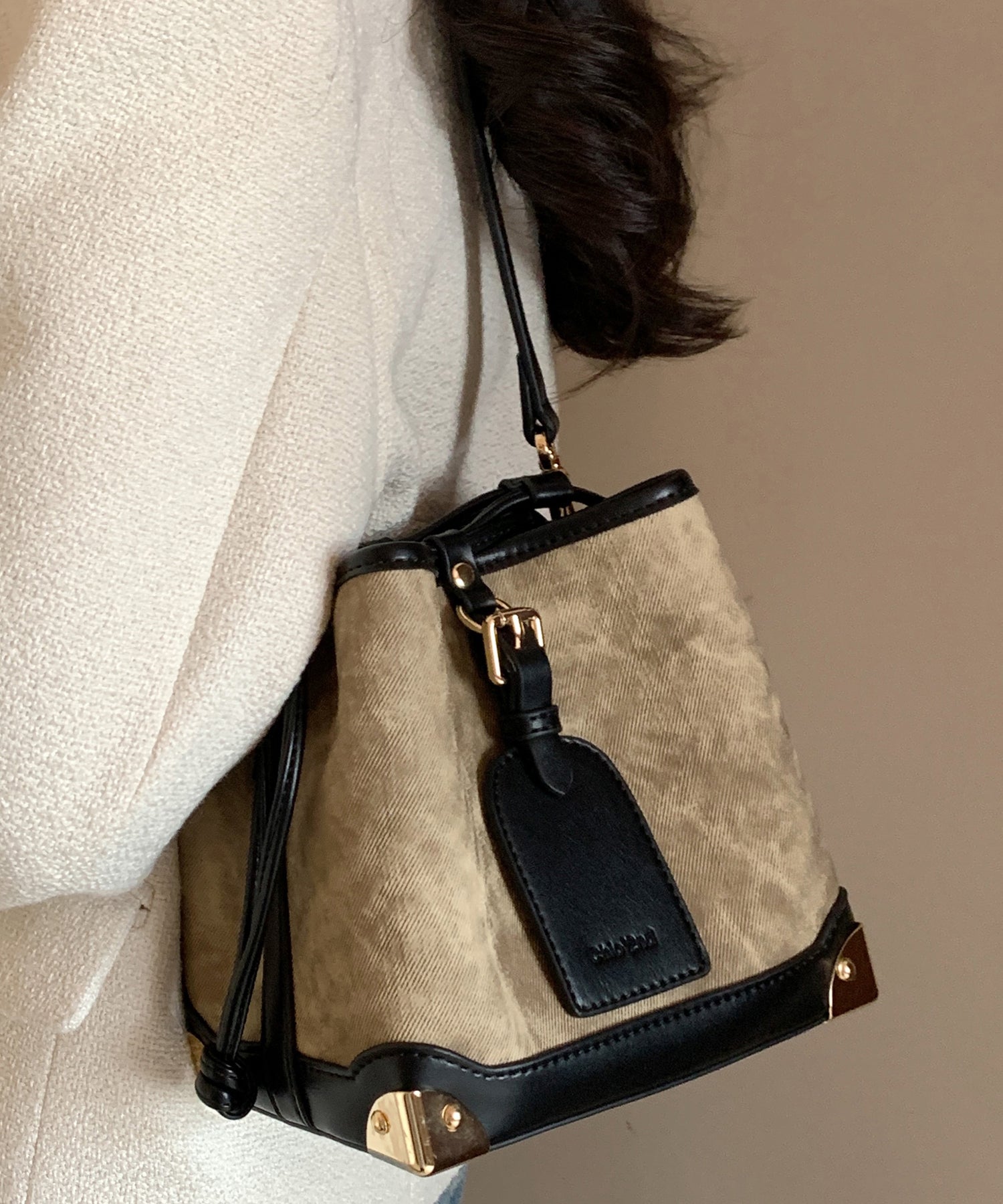 Black Bucket Leather Faux Women Drawstring Bag FashionChic