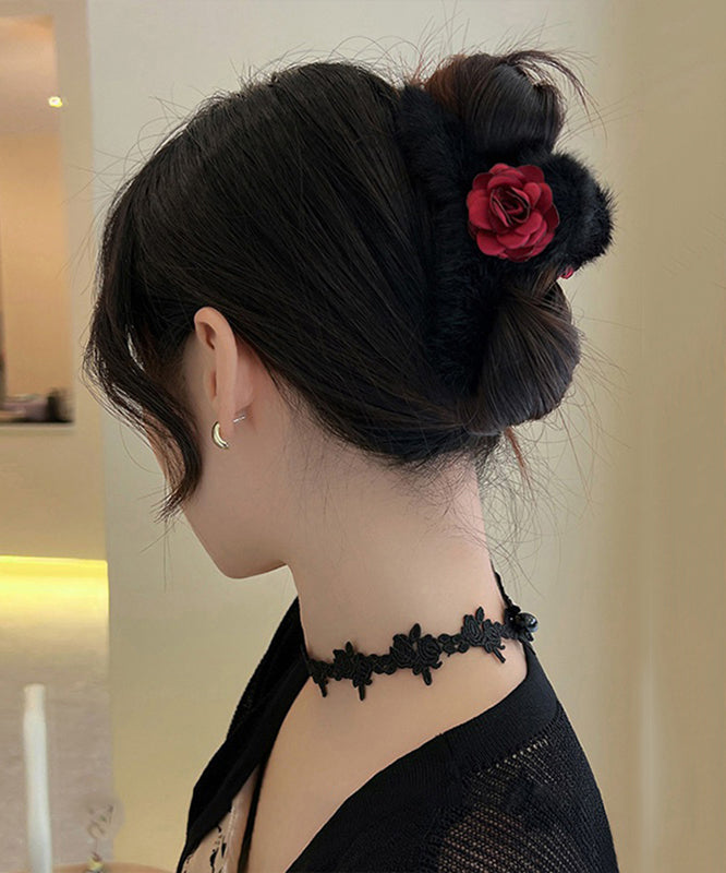 Women Black Fluffy Rose Shark Clamp Hairpin WP011 JEW-HAI241112