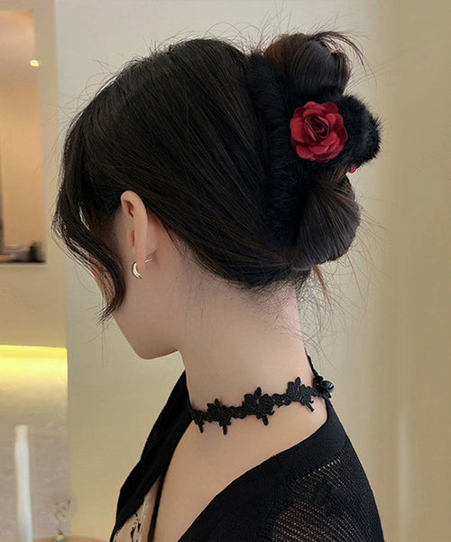 Women Black Fluffy Rose Shark Clamp Hairpin WP011 JEW-HAI241112