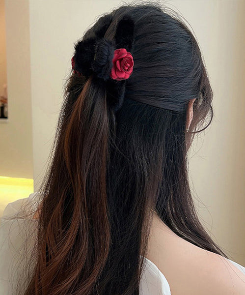 Women Black Fluffy Rose Shark Clamp Hairpin WP011 JEW-HAI241112