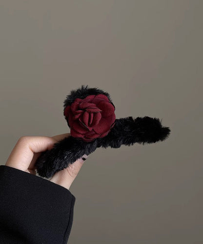 Women Black Fluffy Rose Shark Clamp Hairpin WP011 JEW-HAI241112