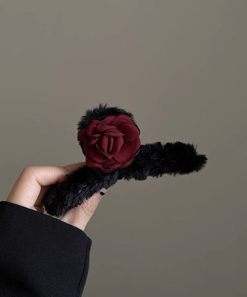 Women Black Fluffy Rose Shark Clamp Hairpin WP011 JEW-HAI241112