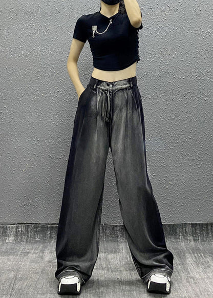 Women Black Grey Pockets Patchwork Denim Wide Leg Pants Fall RI008 ABC