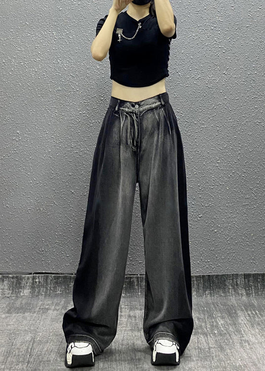 Women Black Grey Pockets Patchwork Denim Wide Leg Pants Fall RI008 ABC