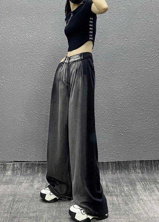 Women Black Grey Pockets Patchwork Denim Wide Leg Pants Fall RI008 ABC